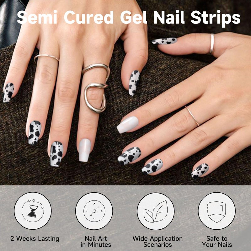 DUKASOU Semi Cured Gel Nail Strips (Dairy Cow), 28 pcs Gel Nail Stickers, Work with Any UV Lights, Long-Lasting NailWraps for Women Art DIY Design, Easy to Apply & Remove, Salon-Quality - Image 3